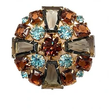 Vintage Unsigned Schreiner Style Keystone Brooch Pin Brown Aqua Blue Rhinestone