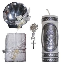 Catholic Baptism Kit with Towel, Candle, Rosary and Metal Shell for Boys and ...