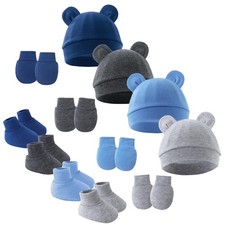 Baby Hat Set Soft Cotton Newborn Turban Infant Hats Mittens and Socks Baby Bo...
