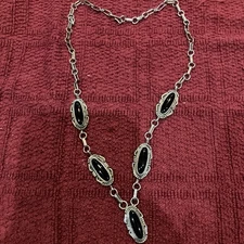 VNTG Navajo Sterling And Onyx 5 Stone. 16” Chain. Antiqued. Stamped.  EUC
