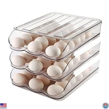 3-Layer Egg Holder for Fridge - Automatic Rolling Storage Container with Lid &
