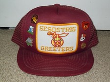 SESOSTRIS GREETERS SHRINE CIRCUS Vtg Patch Snapback Mesh Trucker Cap Hat 6 Pins