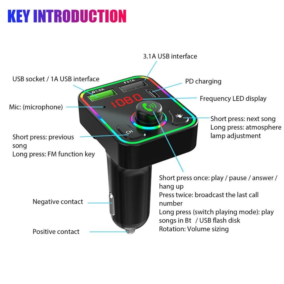 Wireless Bluetooth 5.0 Car FM Transmitter Adapter 2USB PD Charger AUX Hands-Free - Image 4 of 4