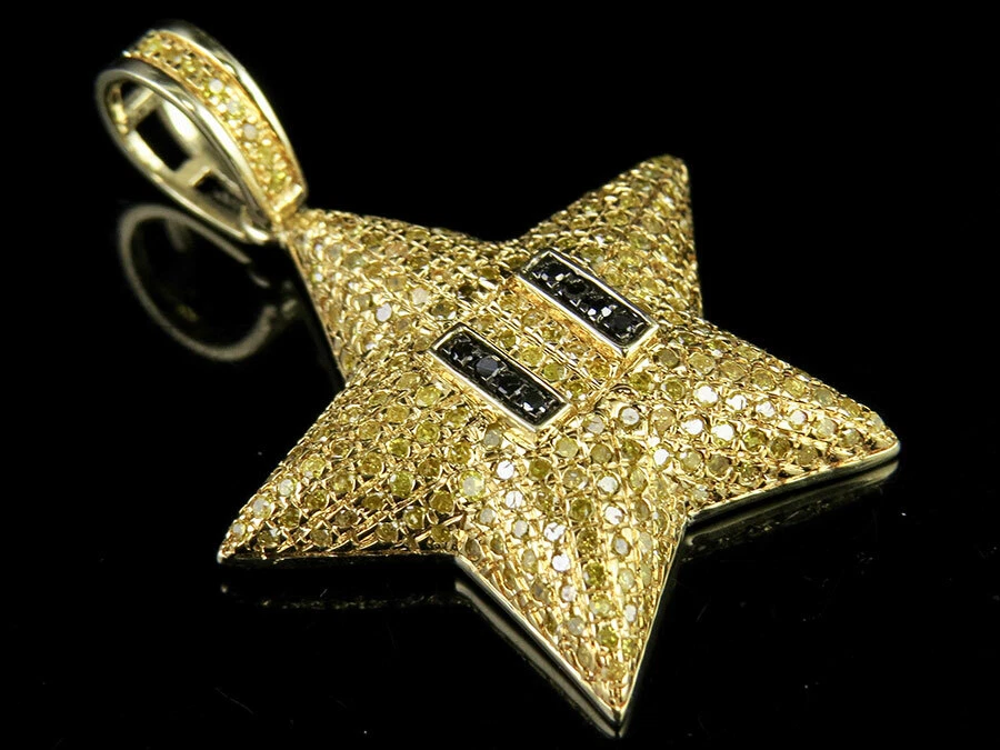 10K Yellow Gold Canary Black Diamond Mario Star Pendant Charm 0.85