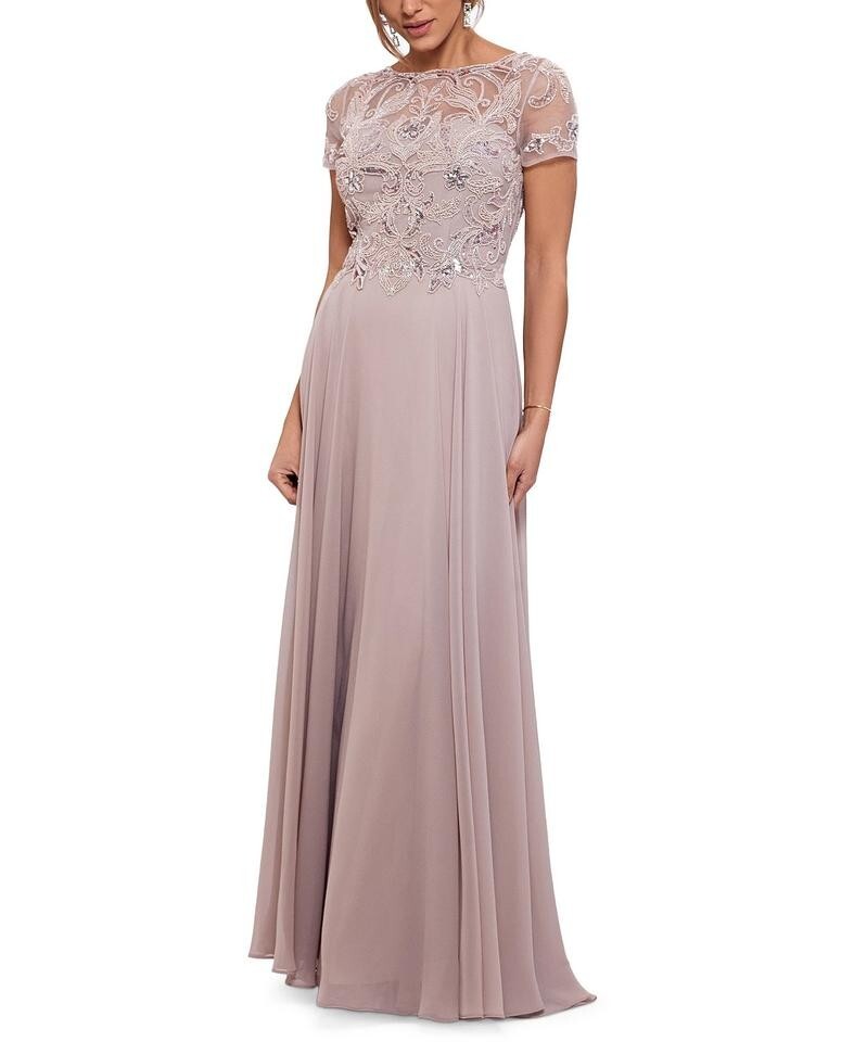 XSCAPE Women's Embellished Short Sleeve Chiffon Gown Taupe Size 10 for sale  online | eBay