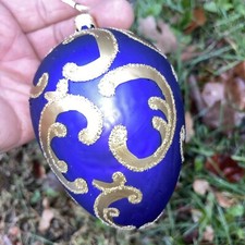 Blown Glass Faberge Royal Purple Cobalt Blue Egg Gold Glitter Ornament    blt39j4