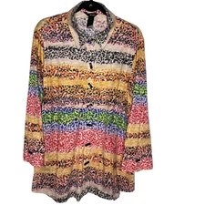 ALI MILES Tunic Blouse Button Down Cheetah Stripe Long Sleeve Womens 1X Colorful