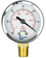 2" Vacuum Gauge - Chrome Plated Steel Case, 1/4" NPT, Lower Mnt. -30 inHg/0