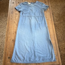 VTG Talbots Petite Denim Dress Midi Short Sleeve Pocket Blue Sz 6 P Boho Prairie
