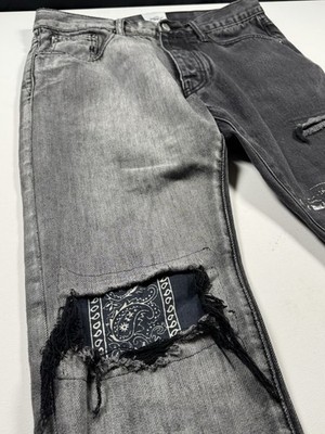 MNML Jeans Mens 32x32 Grey Distressed Patchwork Denim Streetwear Art Punk