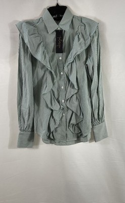 Petersyn Women's Green White Striped Ruffle Front Cotton Blouse Sz S NWT