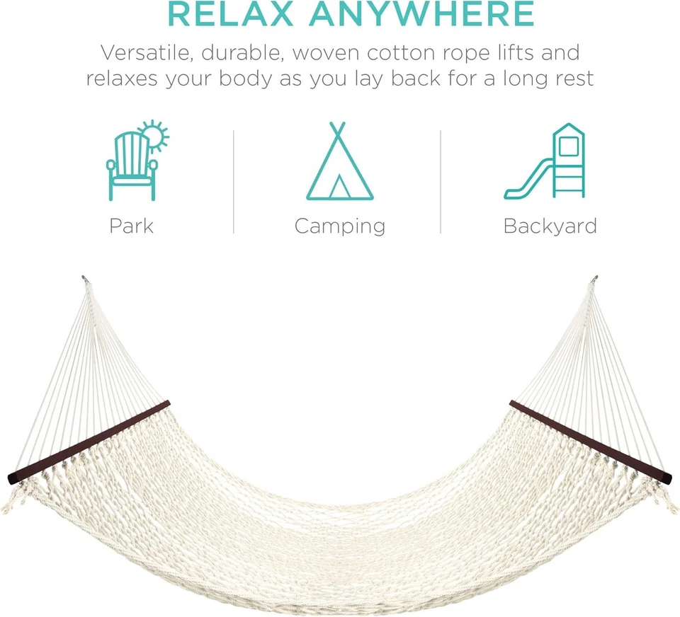 Двойной гамак, уличный тканый хлопковый веревочный гамак для дворов и патио - Изображение 4 из 4