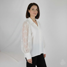 Soft Surroundings Women Loreanza White Sheer Balloon Sleeve Blouse Button Sz M