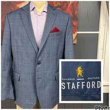 Stafford Coolmax All Season Blazer Jacket Mens 46R Wool Blend Stretch Blue Plaid