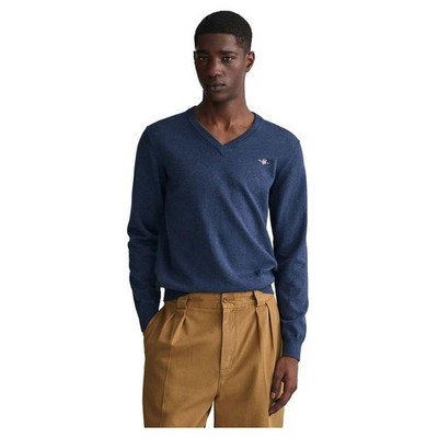 Men's Classic Cotton VNeck Sweater, Dark Denim Blue Melange, 56