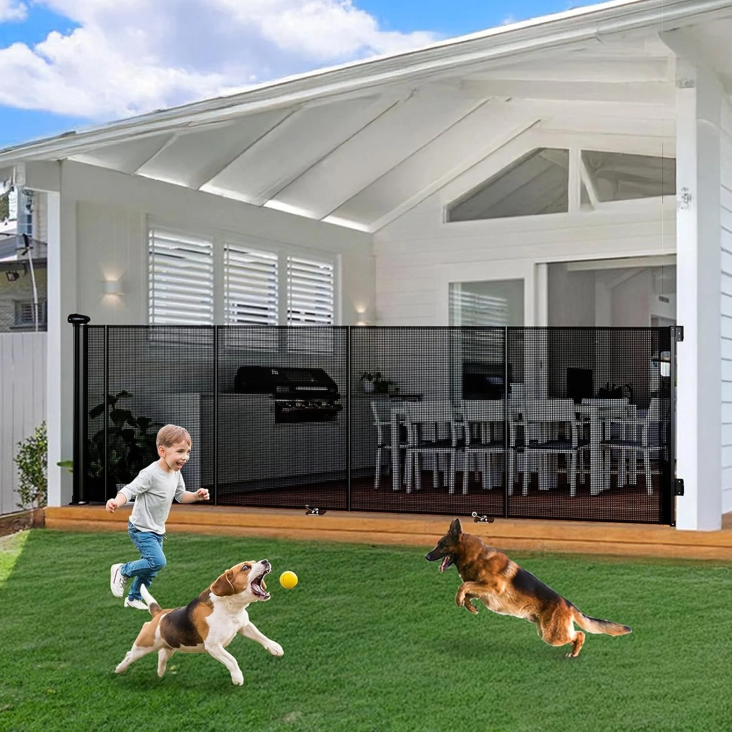Reinforced 150 Inch Wide Retractable Baby Gate Indoor, 42’’ Tall Dog Gate Ext...