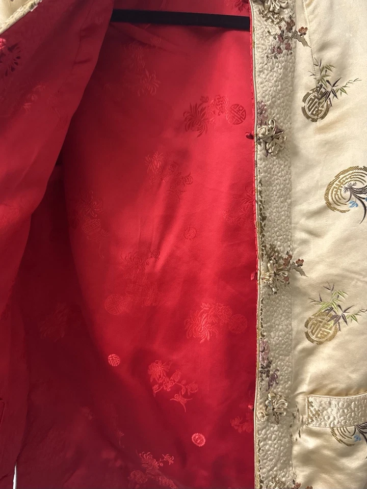 Винтажная двусторонняя китайская шелковая парчовая куртка Ai Feng с золотой цветочной красной подкладкой - Изображение 3 из 4