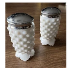 Vintage Milk Glass Hobnail Salt & Pepper Shakers Silver Tone Lids Fenton Style