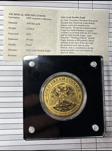 2021 Gold Dream Coinage - 1933 Double Eagle 1/200 Oz .999 Fine Gold Proof Round