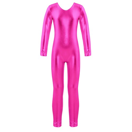 Girls Bodysuit Shiny Jumpsuit Metallic Leotard Sport Unitard Long Sleeves Jazz - Picture 52 of 70