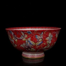 Chinese Red Glaze Famille Rose Porcelain Hand Painted Hundred Butterfly Bowl 806