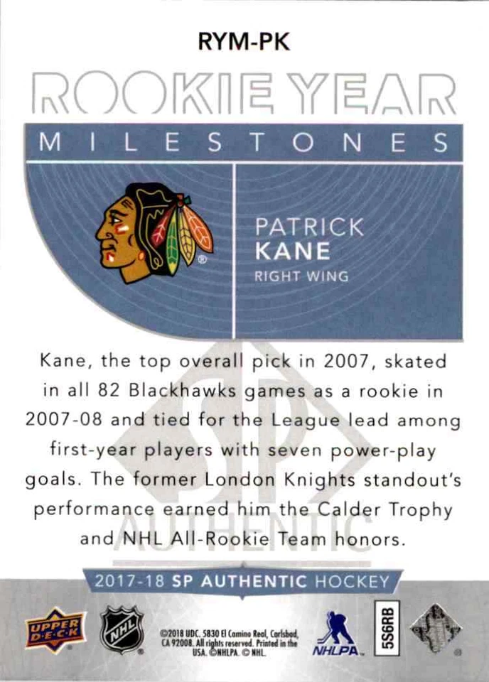 2017-18 Upper Deck SP Authentic Rookie Year Milestones Patrick Kane #RYM-PK - Image 2 of 2