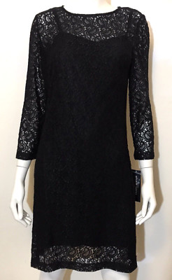 Sharagano NWT Women Black Stretch Long Sleeve Lace Shift with Slip Dress Size 10