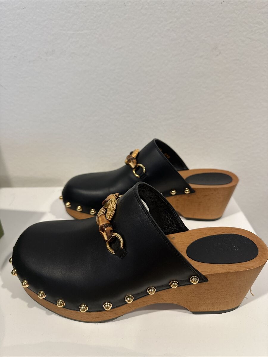 Gucci Stann Horsebit Leather Black Clogs, Gold Studded Size Gucci Stann Horsebit Leather Black Clogs, Gold Studded Size
