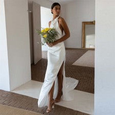 Halter Sleeveless Simple Mermaid Wedding Dresses Satin High Side Slit BridalGown