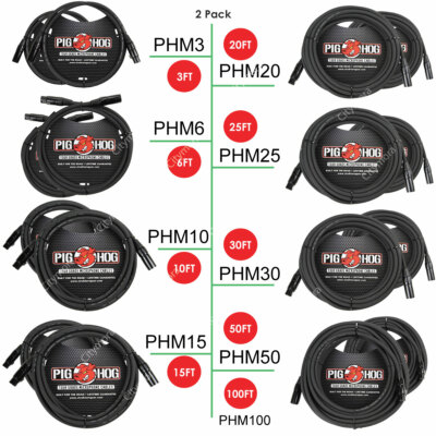 2 PACK Pig Hog PHM3/6/10/15/20/25/30/50/100 High Performance 8mm XLR Mic Cable