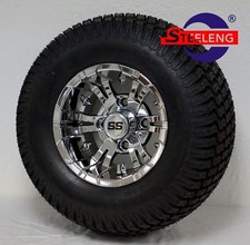 GOLF CART 10"x7'' CHROME VAMPIRE WHEELS and 20" STREET/TURF TIRES SET OF 4 