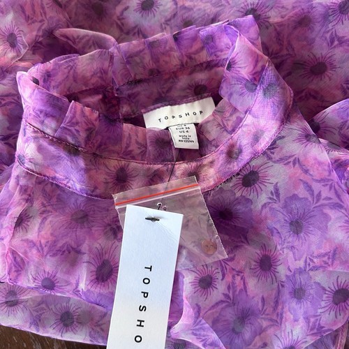 Topshop New Sheer Purple Floral Top Puff Sleeve Sunflower Print Blouse High Neck - Picture 8 of 14