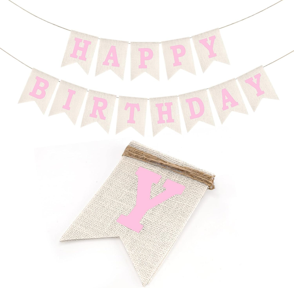 Happy Birthday Girlande Leinen: Weiß Geburtstagsbanner Mit Rosa Happy Birthday,-image