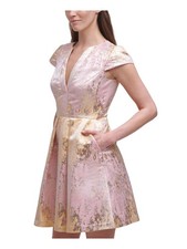 VINCE CAMUTO Womens Pink Jacquard Cap Sleeve Split Short Fit + Flare Dress 2