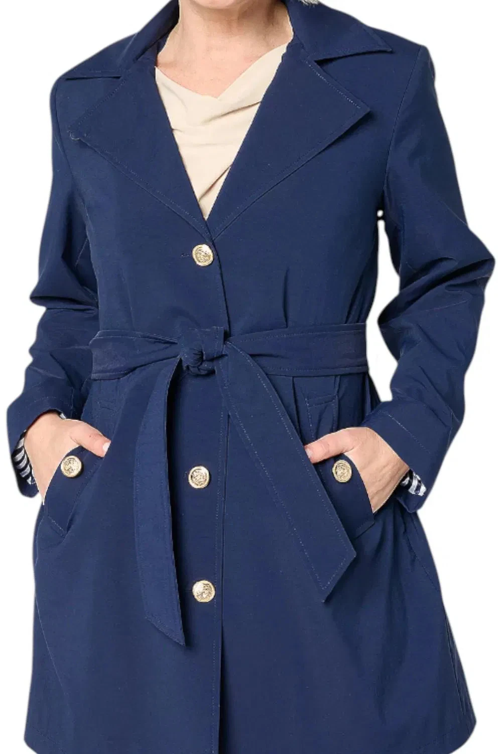 Dennis Basso Women's Water Resistant Trench Coat w/ Hood Navy