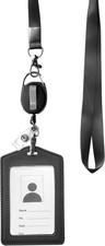 ID Card Case Leather Badge Holder Black with Heavy Duty Lanyard Retractable Reel