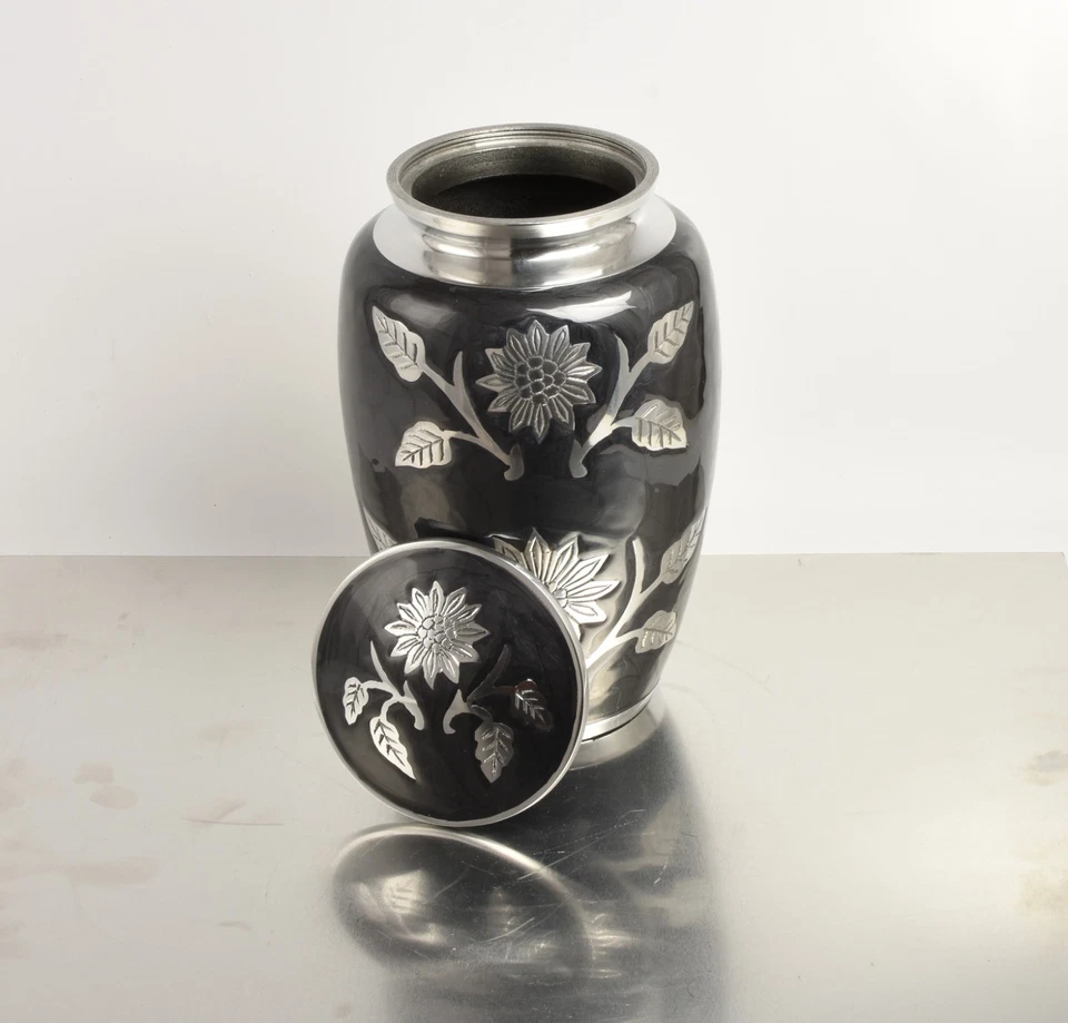 Funeral Urn For Adult Ashes –Black Sunflower Design Aluminium Cremation Memorial - Image 3 of 4