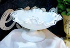 Vintage Fenton Silver Crest Milk Glass Ruffled Top Footed Pedestal Candy Dish