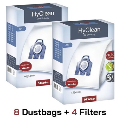 2 Boxes Genuine Miele GN HyClean 3D Efficiency Vacuum Bags, 8 Dustbags 4 Filters