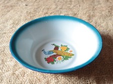 Vintage ST Brand Enameled Metal Bowl, Ornate Peacocks, Blue Serving Dish, 18 cm