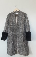 Qvc Helene Berman Collarless Long Duster With Faux Fur Cuffs Size 10 Grey Multi 