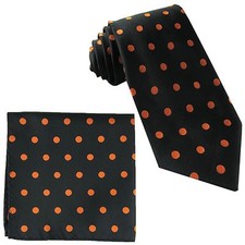 New Men's Polyester Woven Necktie  Pocket Square Hankie Polka Dots Black Orange