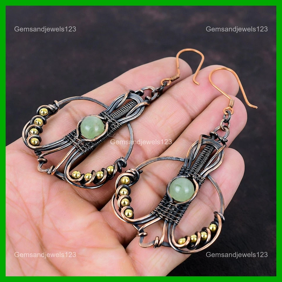 Mothers day Sale Prehnite Stone Copper Dangle Drop Wire Wrapped Earrings Jewelry - Image 4 of 4