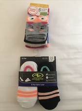 12 Athletic Works Kids Girls Socks Small 6-10.5 No Show Liner Grip Black White