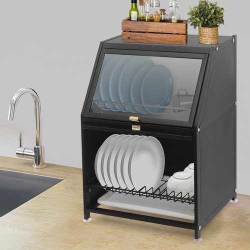Double Drain Shelf, Dish Drying Rack, 2-tier Kitchen Dish Rack 56x40x30cm Black - Picture 20 of 24