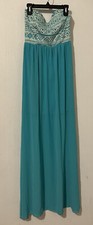 Strapless Maxi Dress Aztec Pattern Sheer Lined Stretch Turquoise Women's S