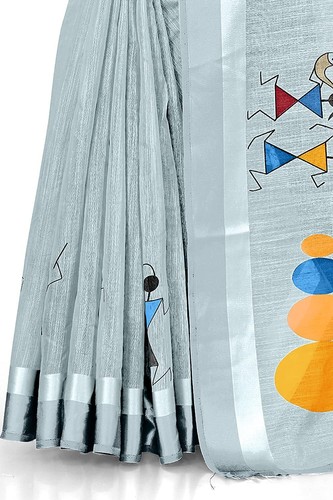 Cotton Blend Tribal Art Warli Printed Designer Saree with Blouse Piece - Picture 34 of 35
