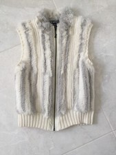 Revue Gray White Rabbit Fur Vest Sz L Cotton Knit Front Leather Zipper