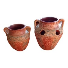 Urns Vases Clay Handles Painted Abstract Pottery Set Of Two  Vtg Mexican 