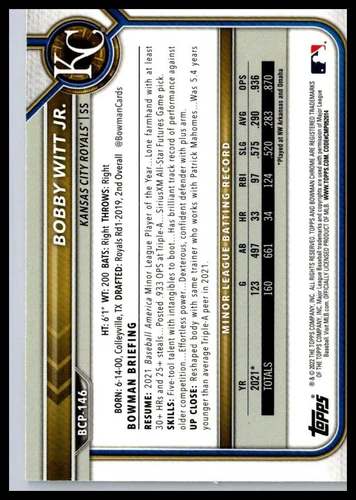 2022 Bowman #BCP-146 Bobby Witt Jr. Chrome Prospects Mojo Refractor - Afbeelding 2 van 2